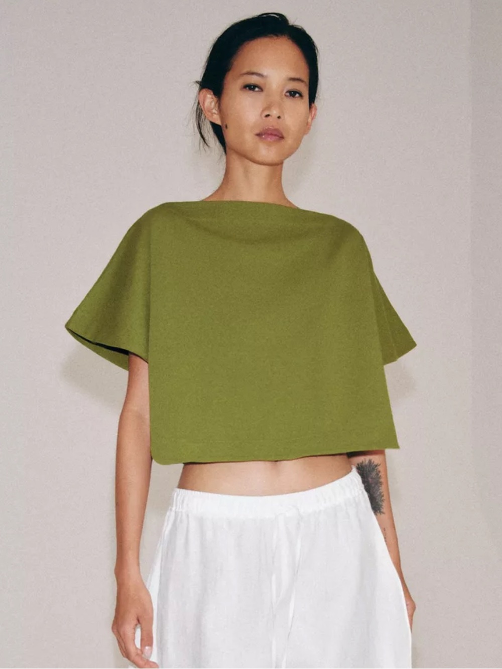 Olive Green  Cape Effect Crop Top - Women's Casual Tee